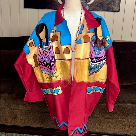 Jo Dufo ~1989 ~Hand-Painted Red/Multi-Colors Native American Indian Large Jacket